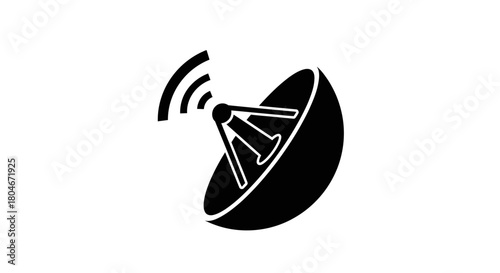 A black and white illustration of a satellite dish transmitting signals.
