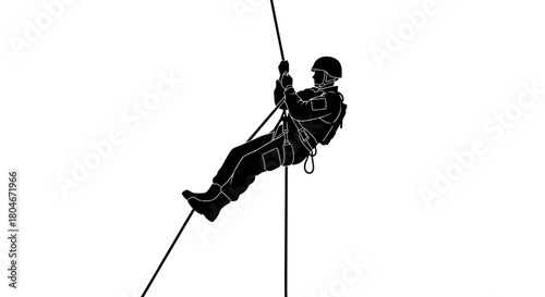 Silhouette of a soldier rappelling down a rope, wearing a helmet and gear, against a white background.