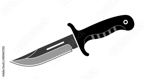 A black and gray illustration of a hunting knife with a sharp blade.