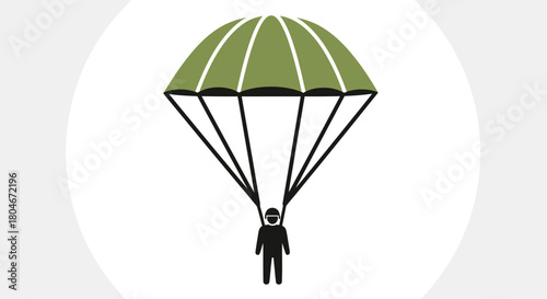 Illustration of a person descending with a green parachute against a white background.