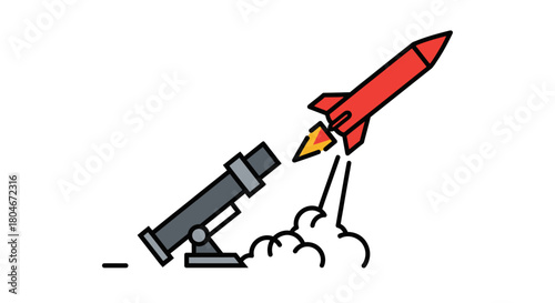 A cartoon illustration depicts a red rocket launching from a cannon, with smoke.