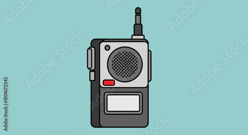 Illustration of a gray walkie-talkie with antenna on a blue background.