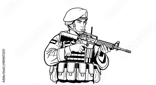 A soldier in uniform and tactical vest holds a rifle, depicted in a black and white line drawing.