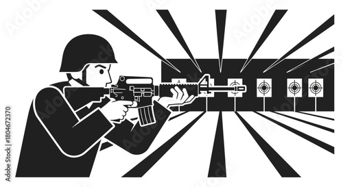 Soldier aiming rifle at targets in shooting range, illustration in black and white.