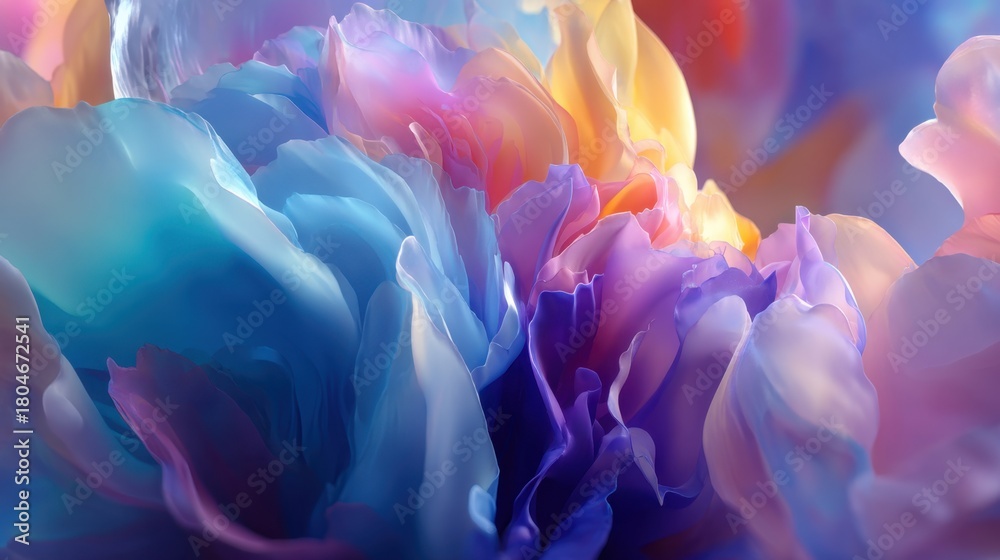 Obraz premium Colorful abstract floral design with soft delicate petals showcasing gradient hues of pink, blue, purple, and orange in a dreamy artistic composition