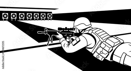 Soldier aiming a rifle at targets in a shooting range, aiming practice.
