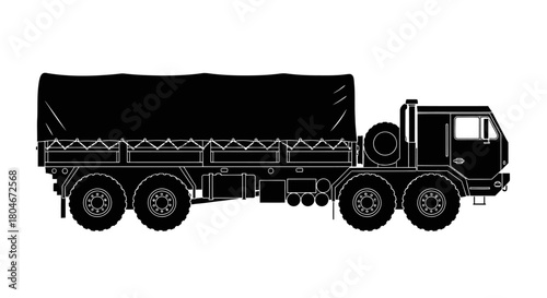 Side view silhouette of a large, heavy-duty truck with a covered cargo bed.