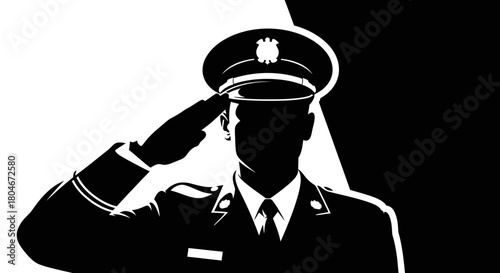 Silhouette of a uniformed officer saluting against a contrasting black and white background.