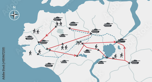 A map illustrating a military campaign with tanks and soldiers advancing along red arrowed routes across a terrain with lakes.