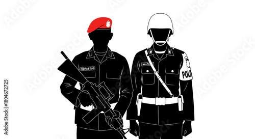 Silhouette illustration of two uniformed figures, one holding a rifle.