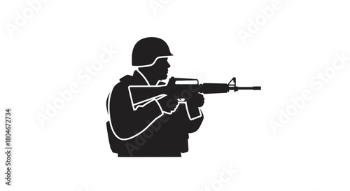 Silhouette of a soldier aiming rifle, ready for combat, in a defensive position.