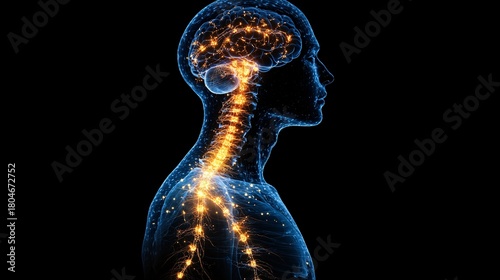 Illustration showcases the neural pathways of human nervous system, emitting vibrant impulses from the brain down the spine, symbolizing neurological function and health in an abstract human form.