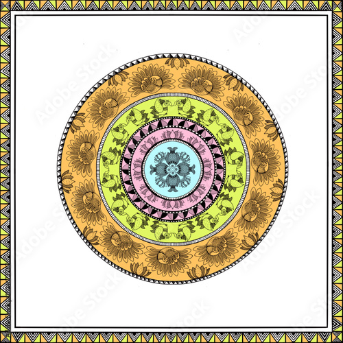 Digital Madhubani art  mandala pattern, using animal and floral motifs, A traditional craft from Madhubani, Bihar