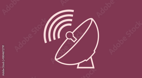 An illustration of a satellite dish emitting radio waves against a solid maroon background.