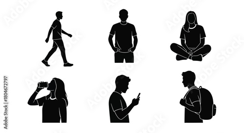 Diverse Human Silhouettes Set Showing Daily Activities, Poses, and Lifestyle Icons