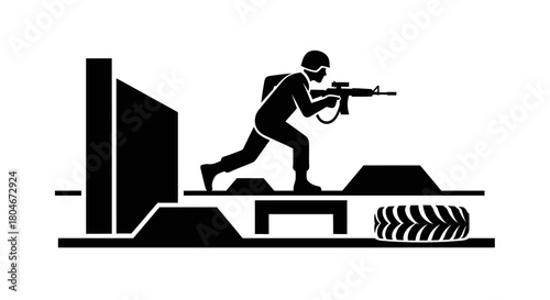 Silhouette of a soldier aiming a weapon during a training exercise.