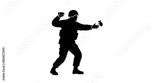 Silhouette of a soldier throwing a grenade, wearing a helmet and vest, in a dynamic action pose.