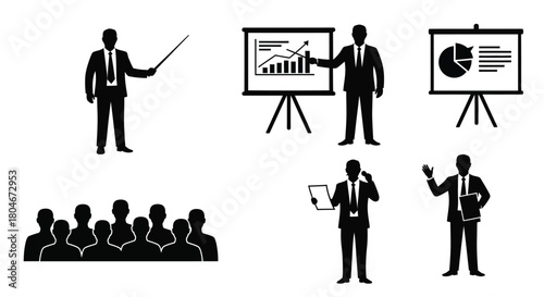 Professional Business Presentation and Meeting Silhouettes Set with Speaker, Audience, and Data Charts