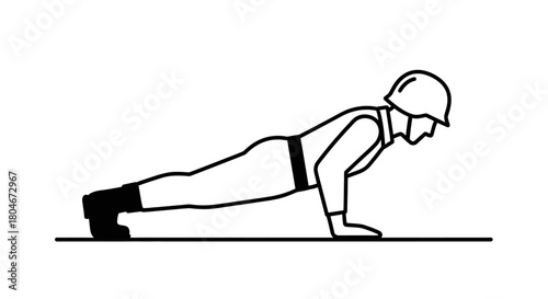 A soldier in uniform performing a push-up exercise on a flat surface.