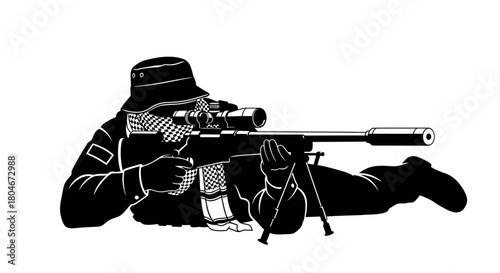 Silhouette of a sniper lying prone, aiming a rifle with a scope and suppressor.