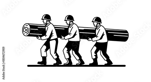 Three workers in helmets carry a large log together in a black and white illustration.