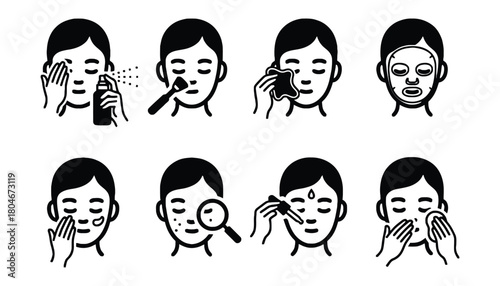 Illustrations showing skincare routine steps on a person's face