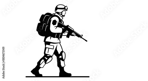 Silhouette of a soldier walking with a rifle and backpack, ready for action.