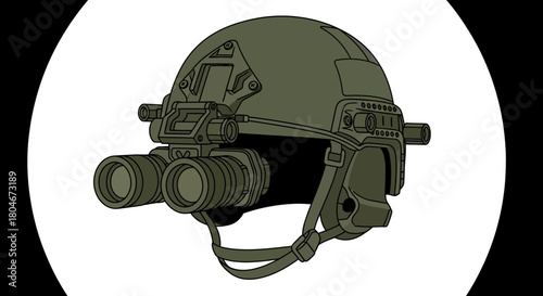 Detailed illustration of a military helmet equipped with night vision goggles.