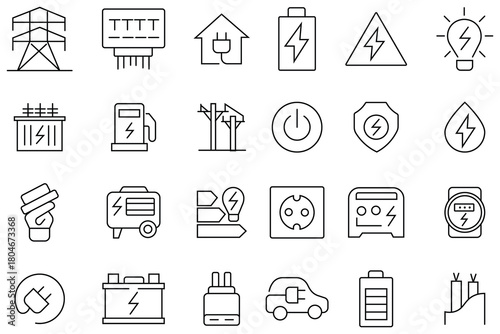 Collation of charging line icon set. Containing as battery, energy, recharge, electric car, electricity, charger, electric socket, e-car and more. Electricity related icons featuring various symbols. 