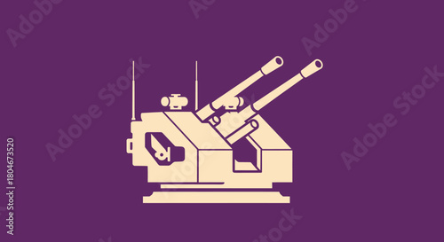A stylized illustration of a military anti-aircraft gun on a purple background.