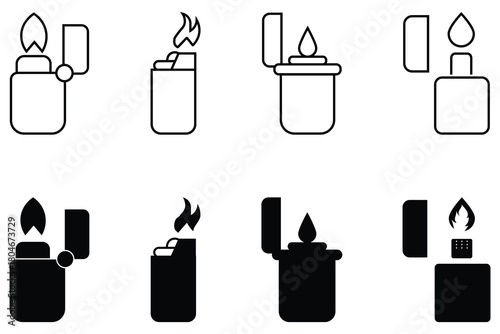 Set of burning lighter icon. Lighter icon line and silhouette collation. Smokers tools. Pocket lighter fire. Flaming lighter vector illustration.