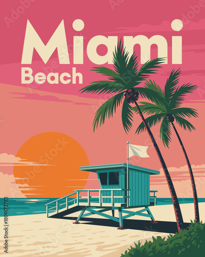 Beach travel poster of miami featuring lifeguard tower, ocean waves, palms, and coastal scenery, retro vector illustration ideal for surf culture and wall art decoration.

