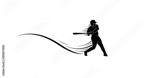 Dynamic baseball player silhouette swinging bat with motion trail, perfect for sports branding, team logos, and energetic designs, showcasing power and movement