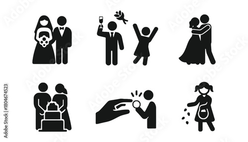 A collection of wedding icons showing different stages of the event