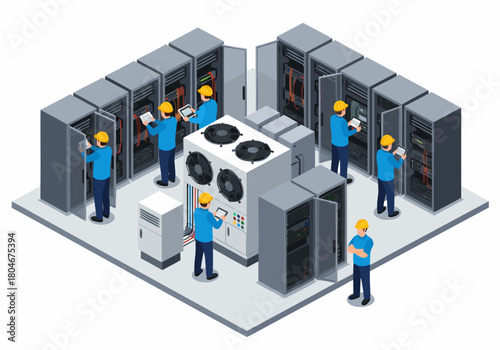 Engineers and IT professionals managing network servers and cooling units in a modern data center, isometric d.eps vector illustration