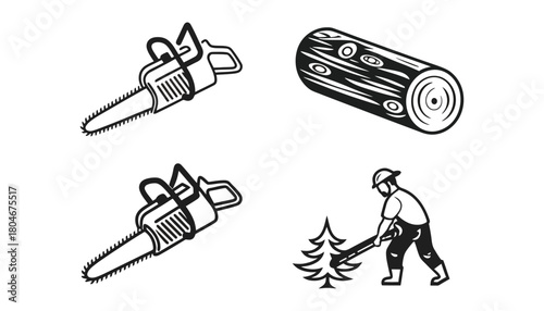 Isolated chainsaw and lumberjack cutting tree with log on white background