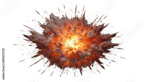 Realistic fiery explosion isolated on transparent background with smoke and dust