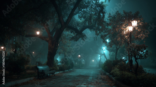 Night park with street light , dark and scary mood.