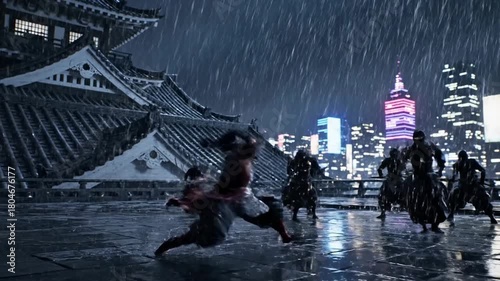 Epic Battle in Cyberpunk City - Ninja vs. Futuristic Warriors.