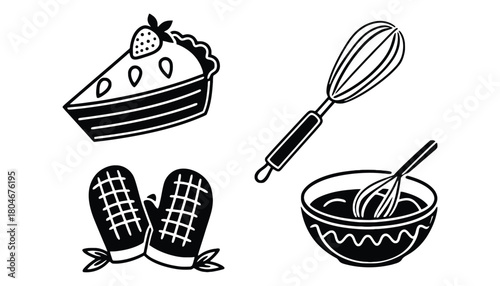 Isolated black and white baking elements including pie and whisk bowl