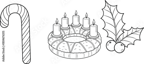 Christmas doodle set, a hand-drawn line art collection with candy cane, Advent wreath, and holly berry, black and white vector outlines.