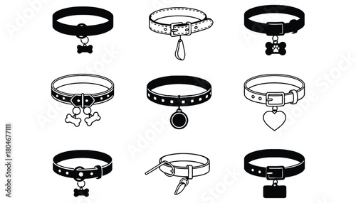 Illustration of nine different dog collars with various pendant shapes