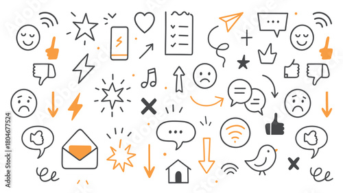 Mixed Hand-Drawn Icons — Social Media, Reaction Symbols, Chat Bubbles and UI Elements Vector