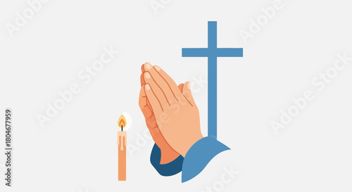 Praying Hands with Candle and Christian Cross on Black Background