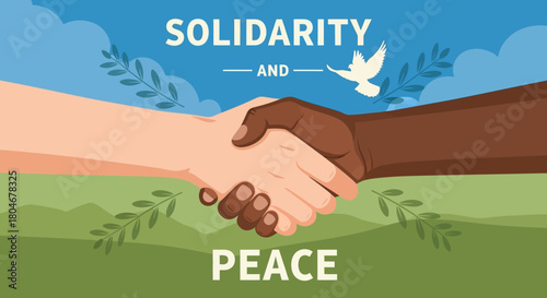 Solidarity and Peace: Diverse Hands Shaking Beneath Dove and Olive Branches