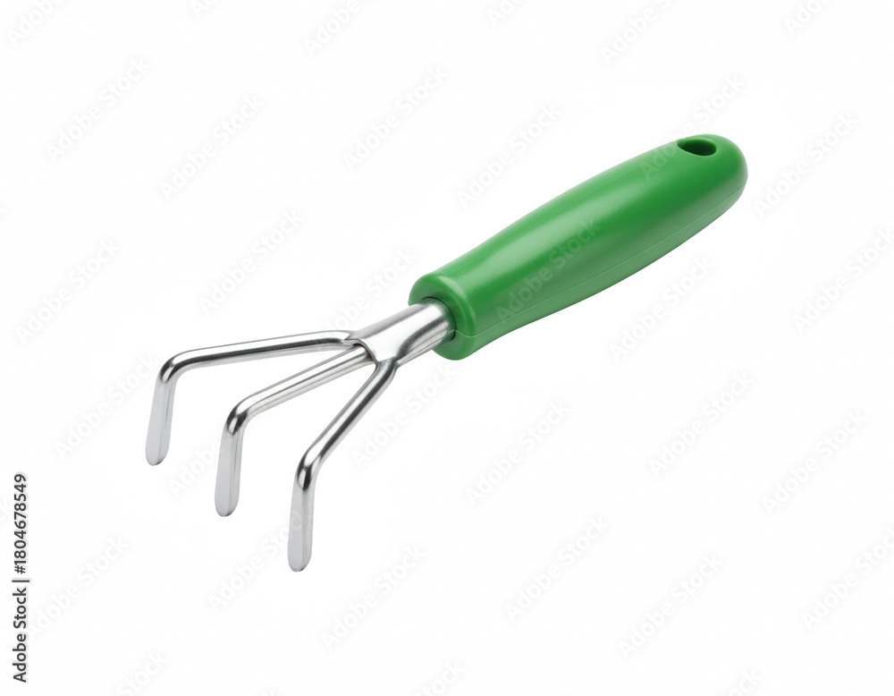 Fototapeta premium Green Handheld Garden Cultivator with Metal Tines for Soil Loosening