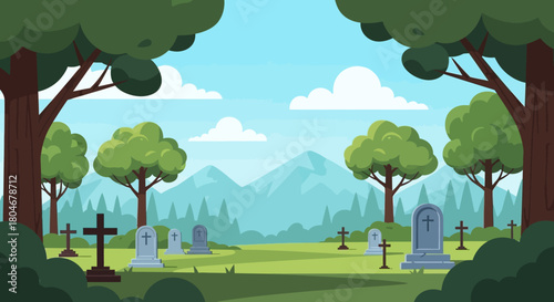Peaceful Cemetery Landscape with Gravestones and Trees under Blue Sky