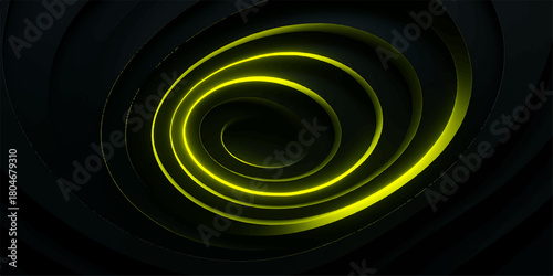 Abstract digital art design featuring swirling blue and green light spirals on a dark black tunnel background with circular motion texture and fractal energy pattern