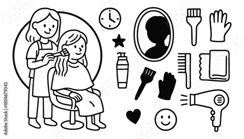 Cartoon illustration of a woman getting her hair dyed at a salon