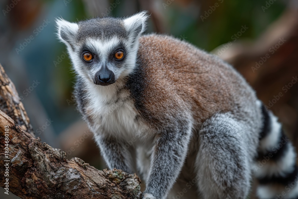 Naklejka premium Lemur with striped tail perched on a branch during the golden hour